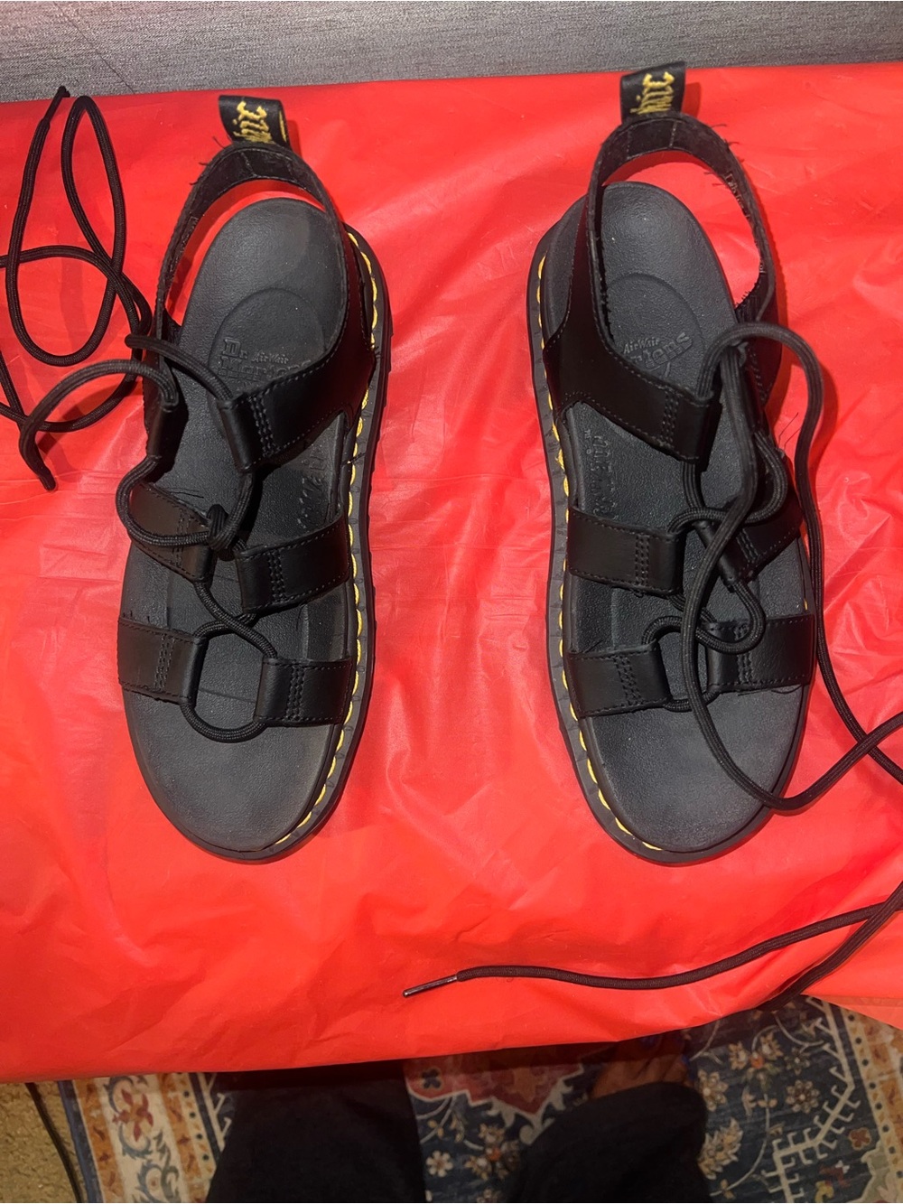 Dr. Martens Black Sandals with Yellow Stitching in